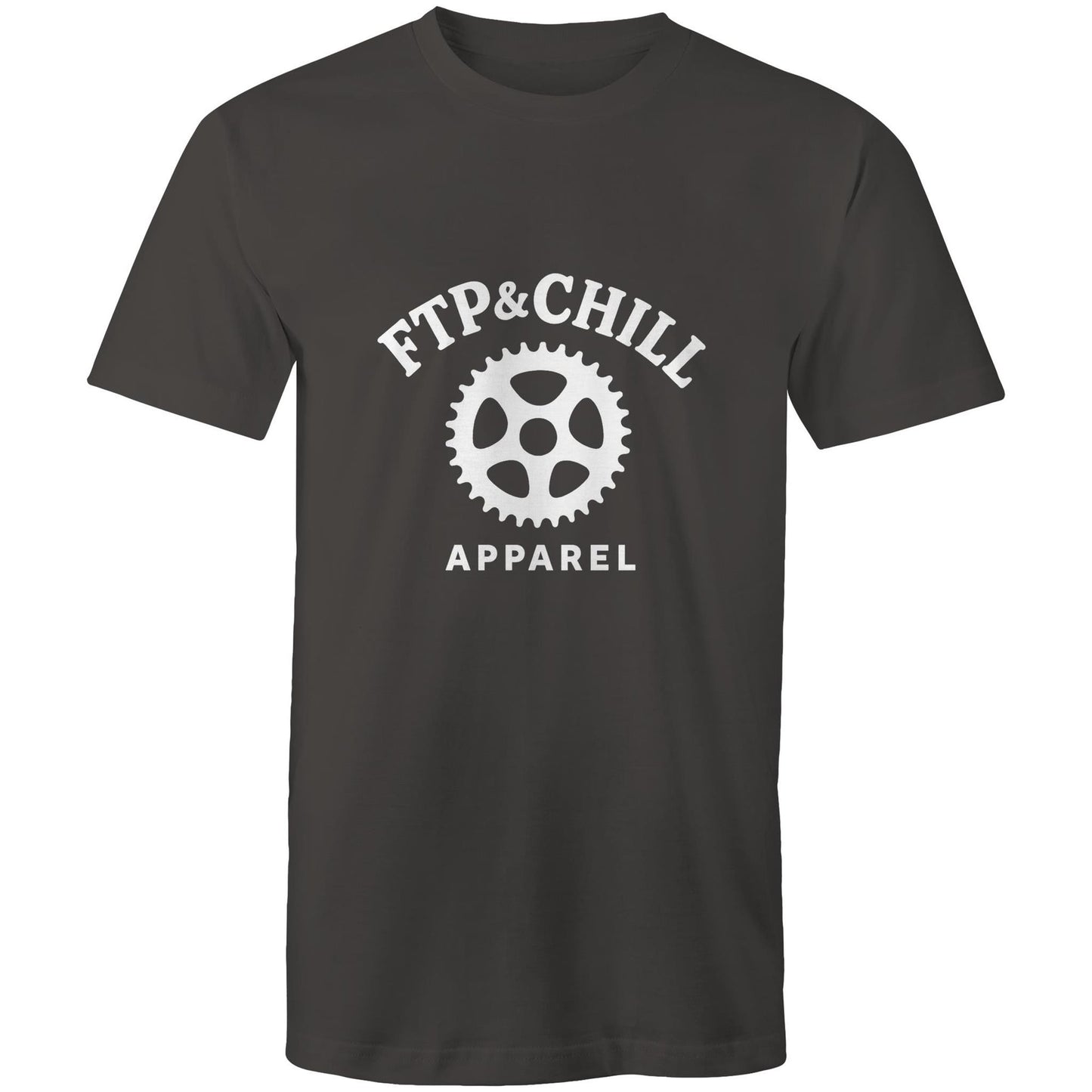 Cyclist wearing FTP & Chill charcoal cycling humour t-shirt from FTP & Chill at bakery stop
