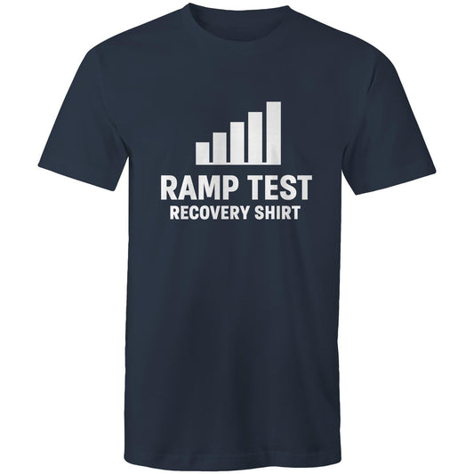 Cyclist wearing Ramp Test Survivor navy cycling humour t-shirt from FTP & Chill at café stop