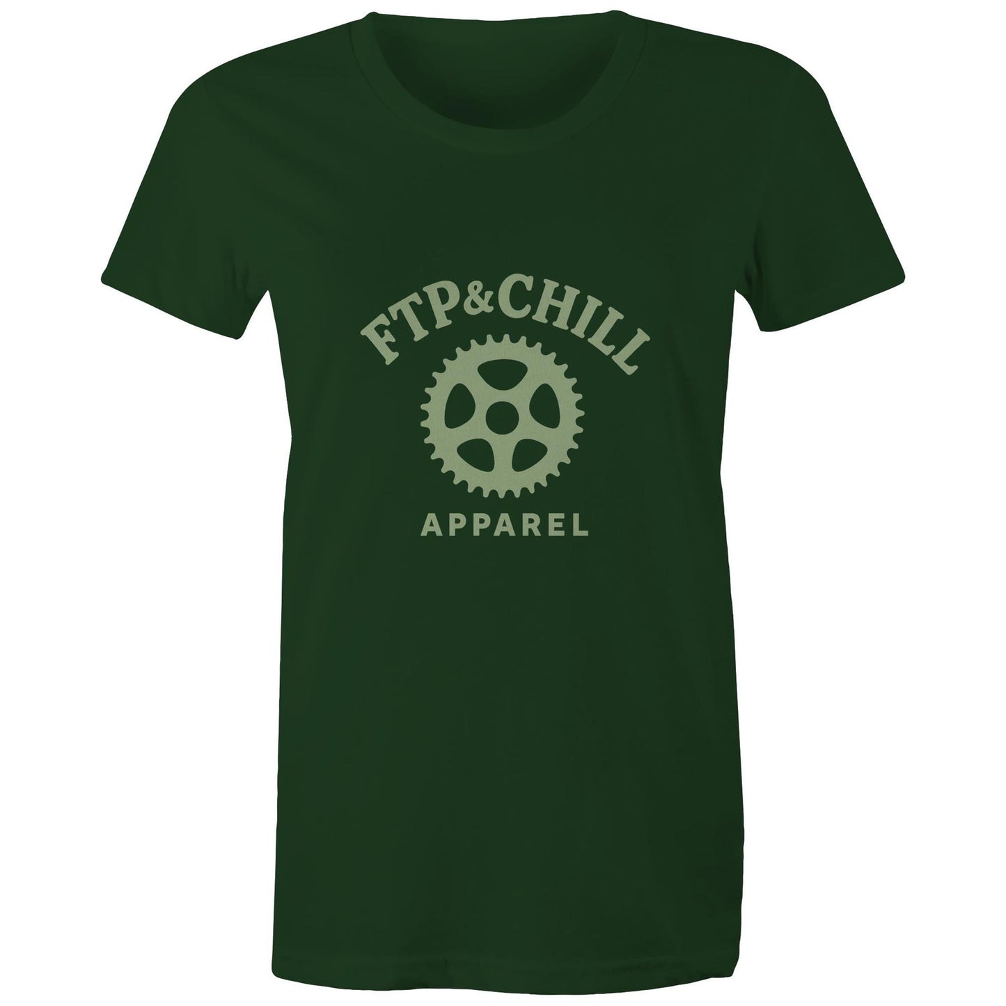 Female cyclist wearing Women’s FTP & Chill green tee at café stop