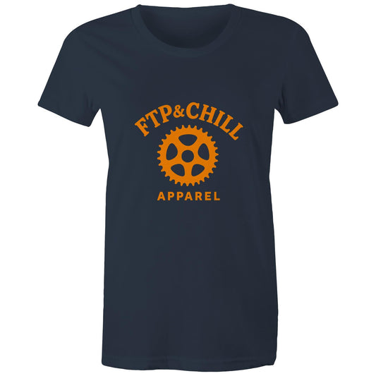 Female cyclist wearing Women’s FTP & Chill navy tee at café stop
