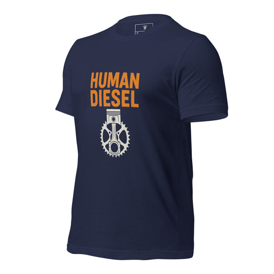 Human Diesel cycling t-shirt – funny endurance cyclist tee in navyProduct mockup