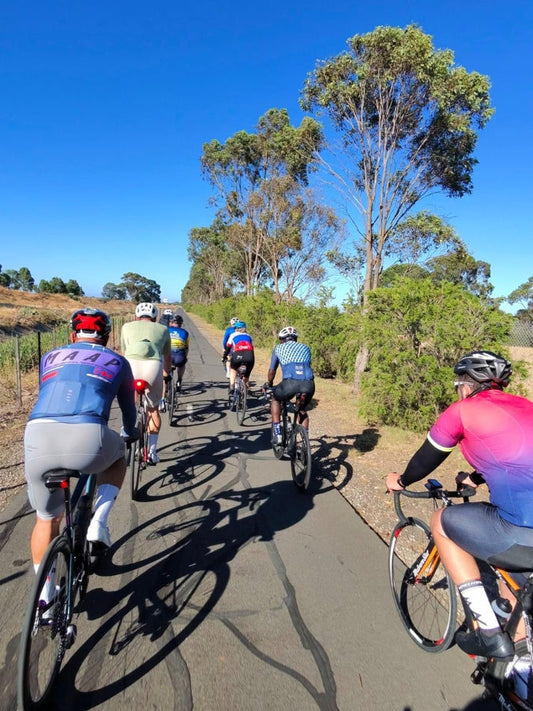 Cycling bunch ride at sunrise riding into a headwind before a post-ride café stop