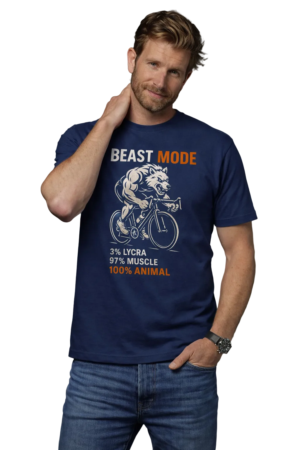 Man wearing a blue t-shirt with 'Beast Mode' graphic and text on a gray background