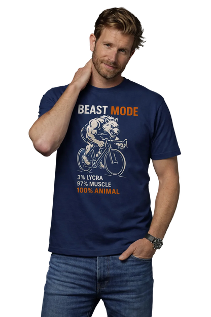 Man wearing a blue t-shirt with 'Beast Mode' graphic and text on a gray background