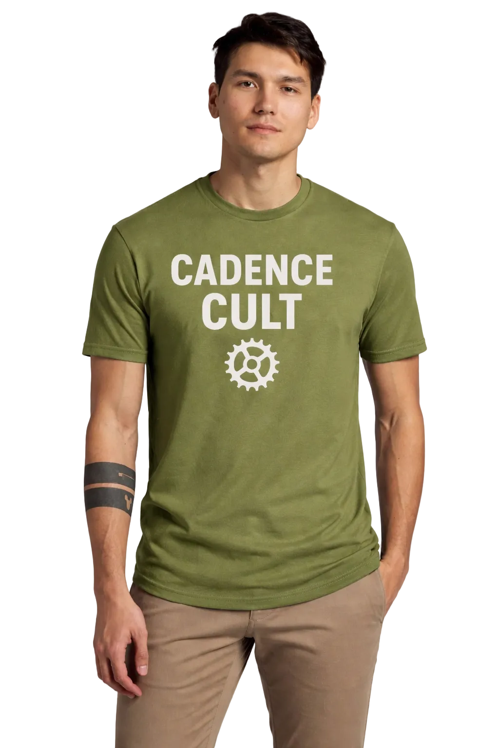Person wearing a green t-shirt with 'Cadence Cult' text and logo on a plain background