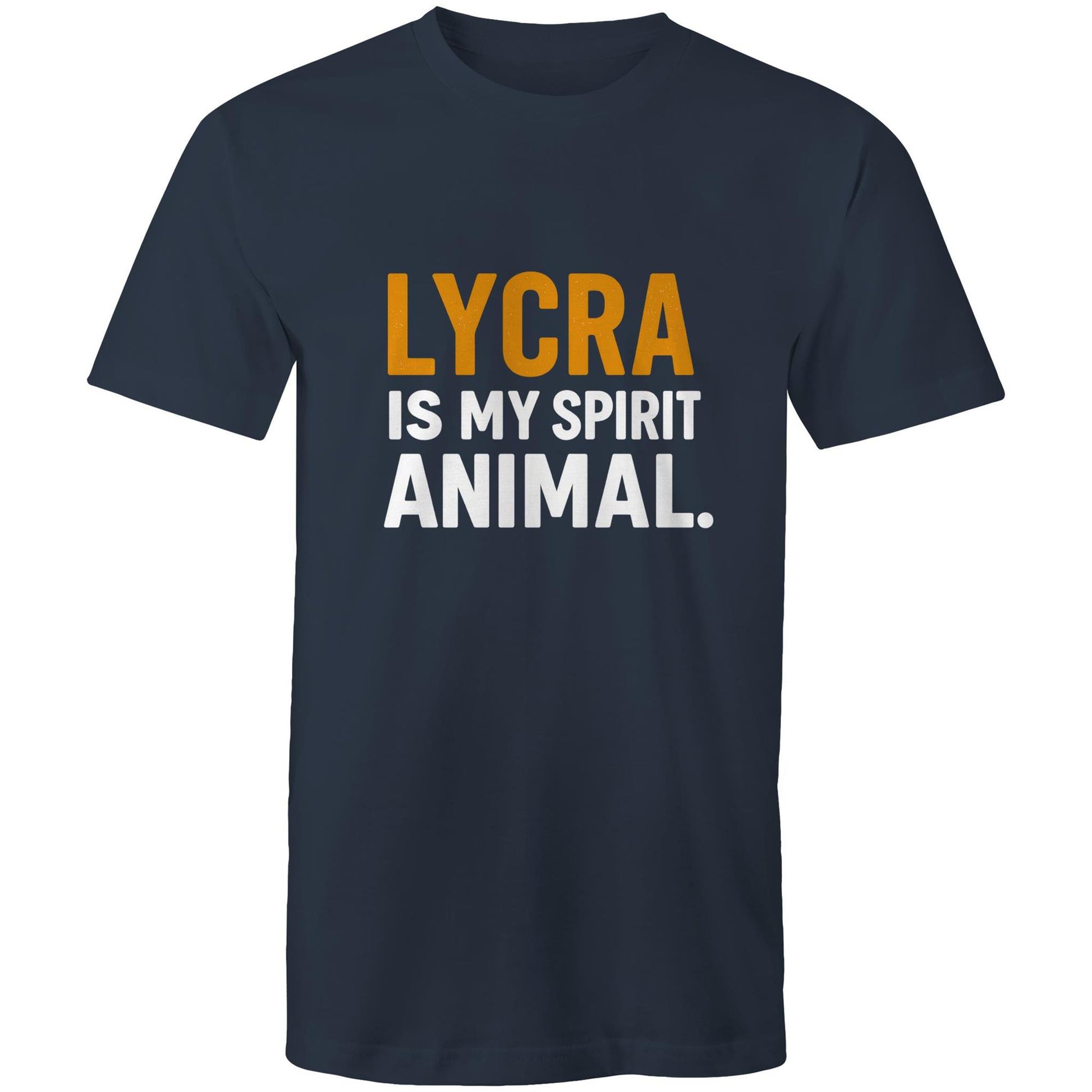 Cyclist wearing “Lycra Is My Spirit Animal” navy tee from FTP & Chill at café stop