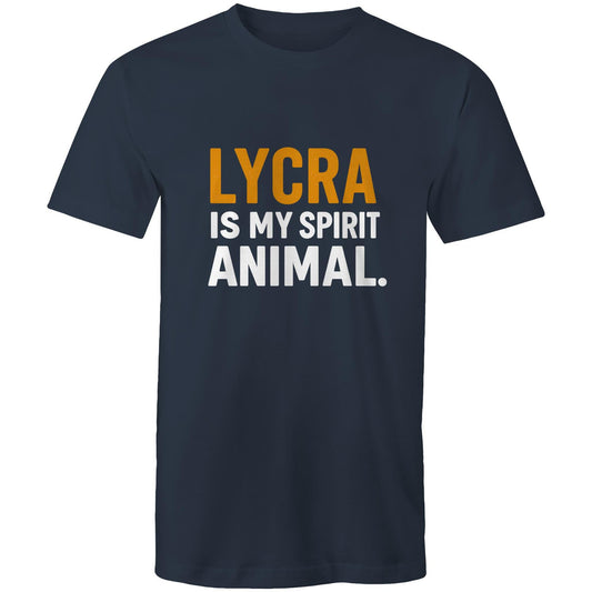 Cyclist wearing “Lycra Is My Spirit Animal” navy tee from FTP & Chill at café stop