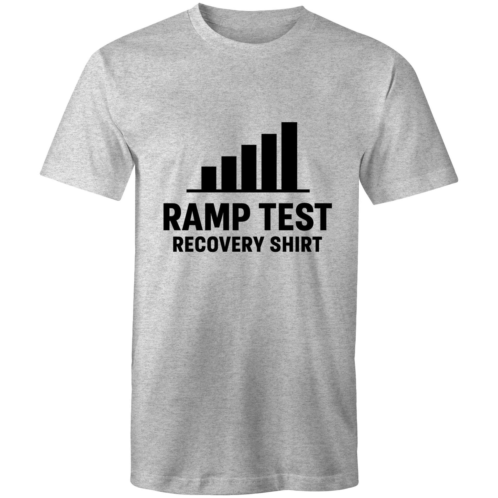 Cyclist wearing Ramp Test Survivor grey cycling humour t-shirt from FTP & Chill at café stop