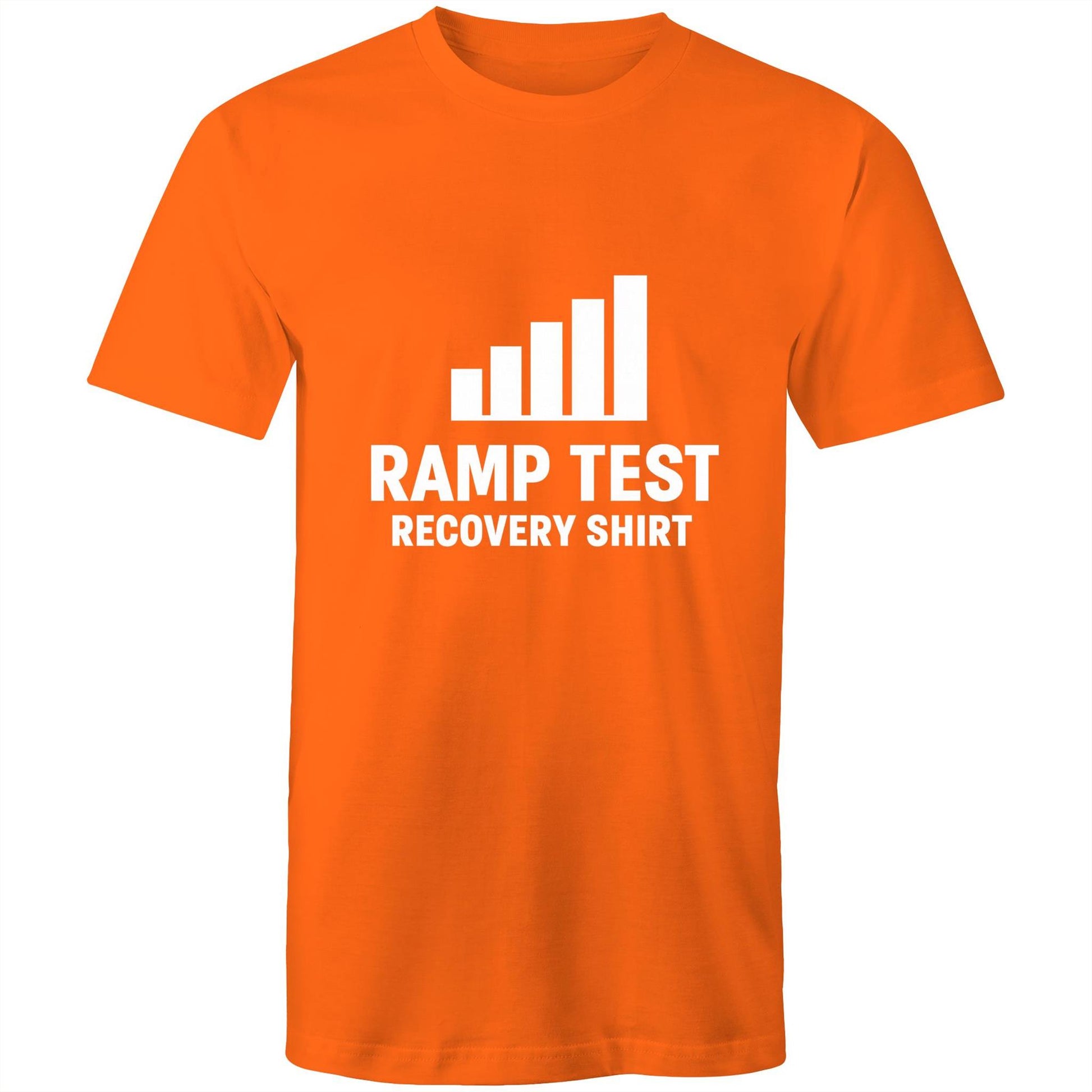 Cyclist wearing Ramp Test Survivor orange cycling humour t-shirt from FTP & Chill at café stop