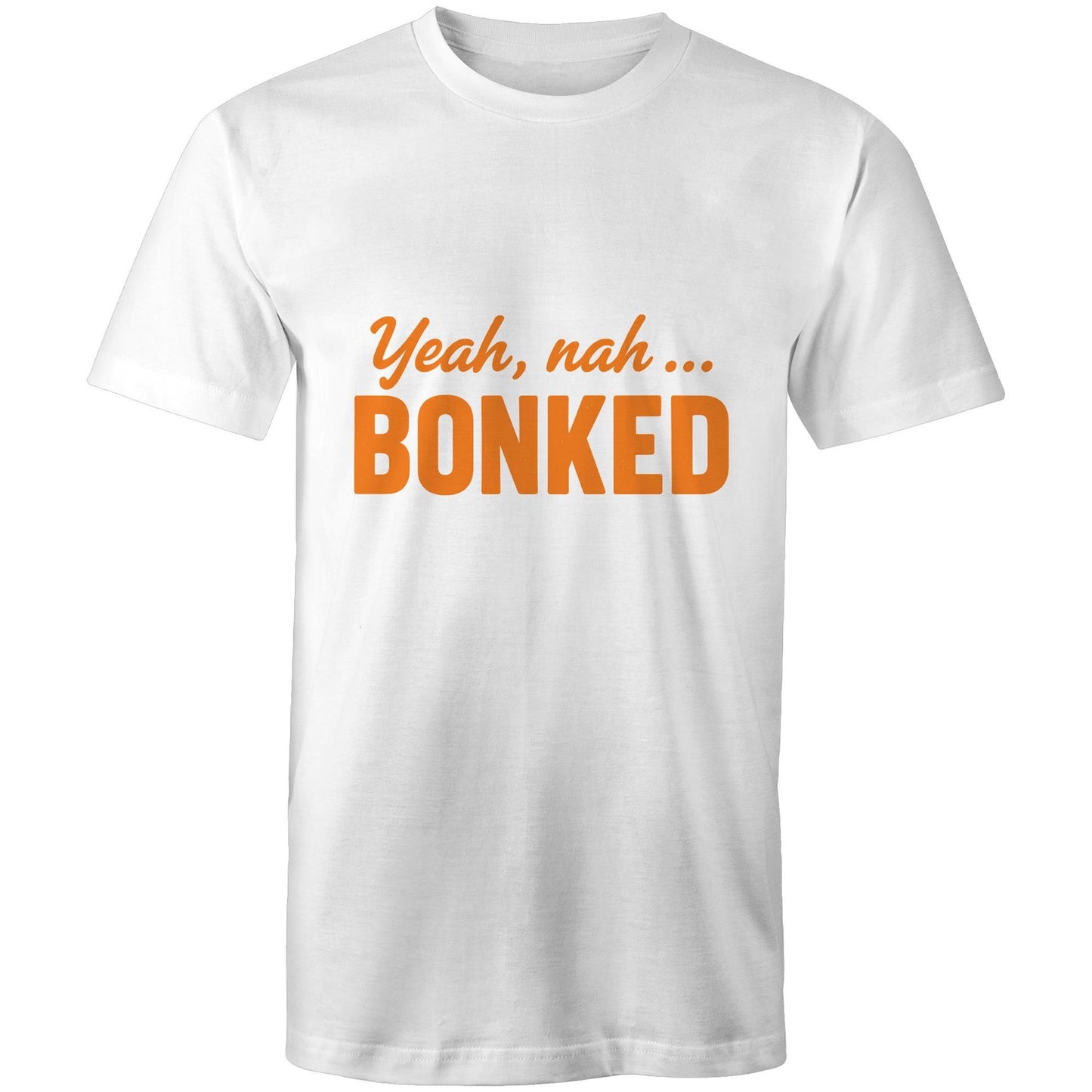 Cyclist wearing Yeah Nah, Bonked white cycling humour t-shirt from FTP & Chill at café stop