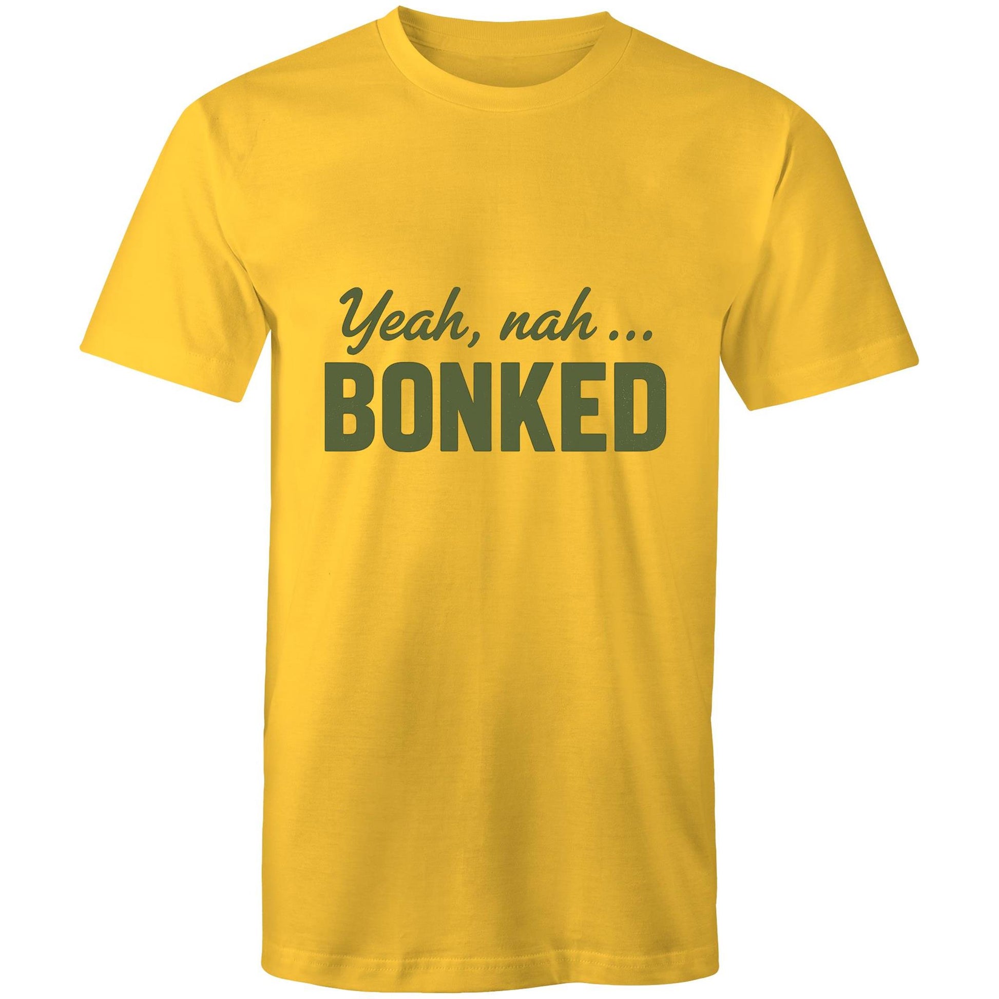 Cyclist wearing Yeah Nah, Bonked yellow cycling humour t-shirt from FTP & Chill at café stop