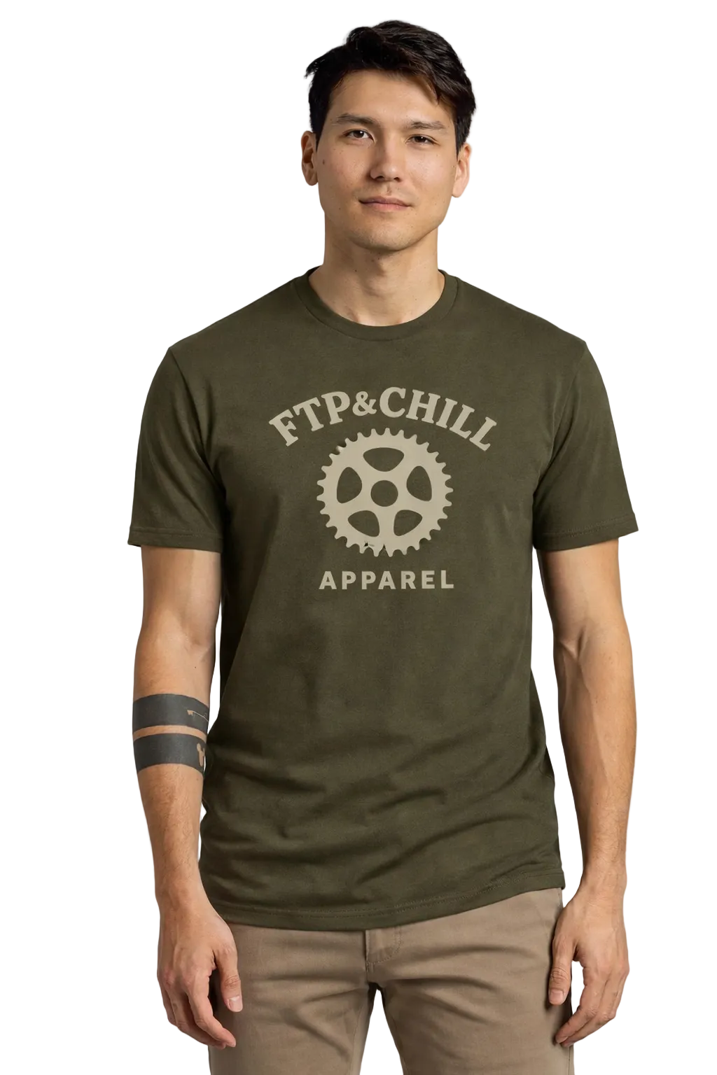 Man wearing a green t-shirt with 'FTP&CHILL APPAREL' logo on a plain background
