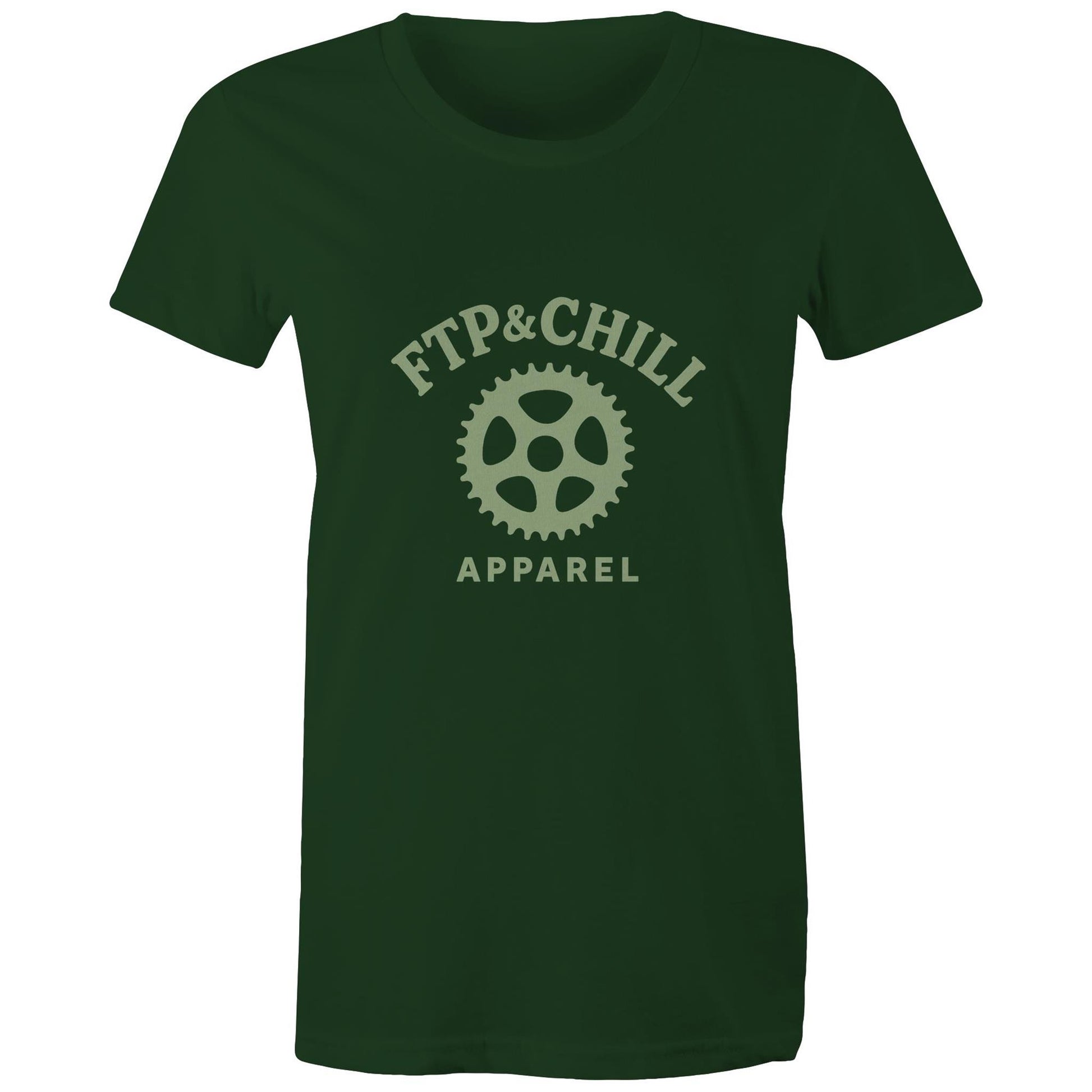 Female cyclist wearing Women’s FTP & Chill green tee at café stop