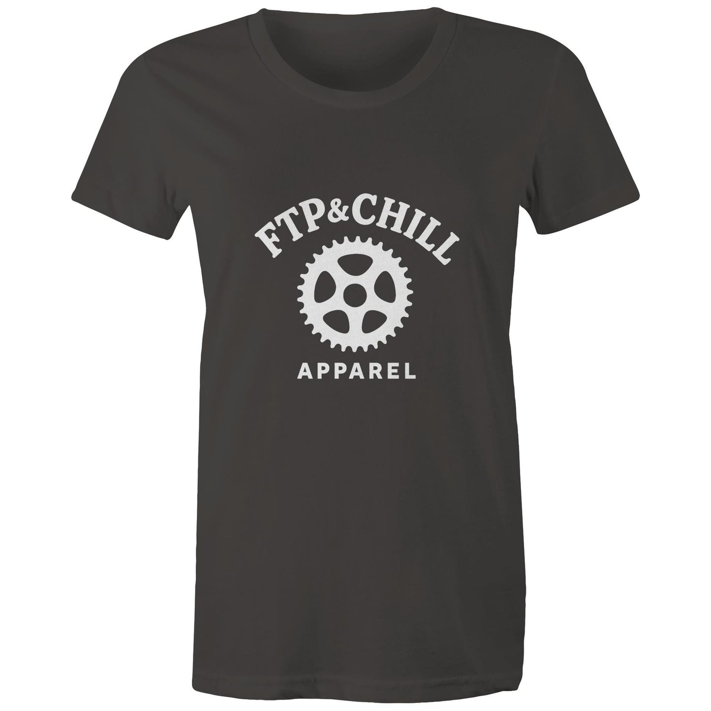 Female cyclist wearing Women’s FTP & Chill grey tee at café stop