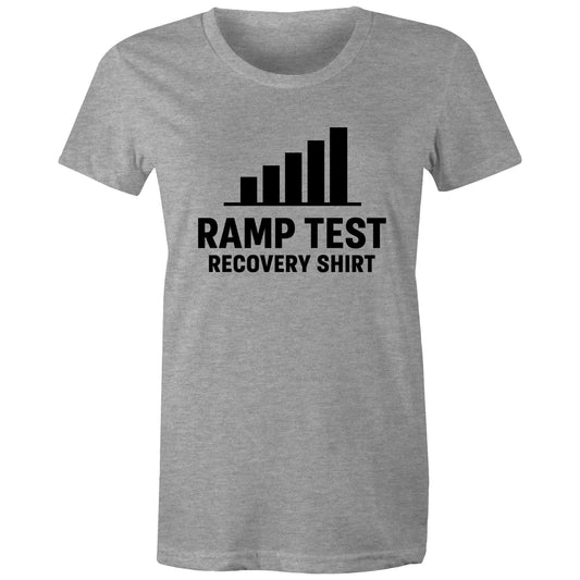 Female cyclist wearing Women’s Ramp Test Survivor grey tee at café stop