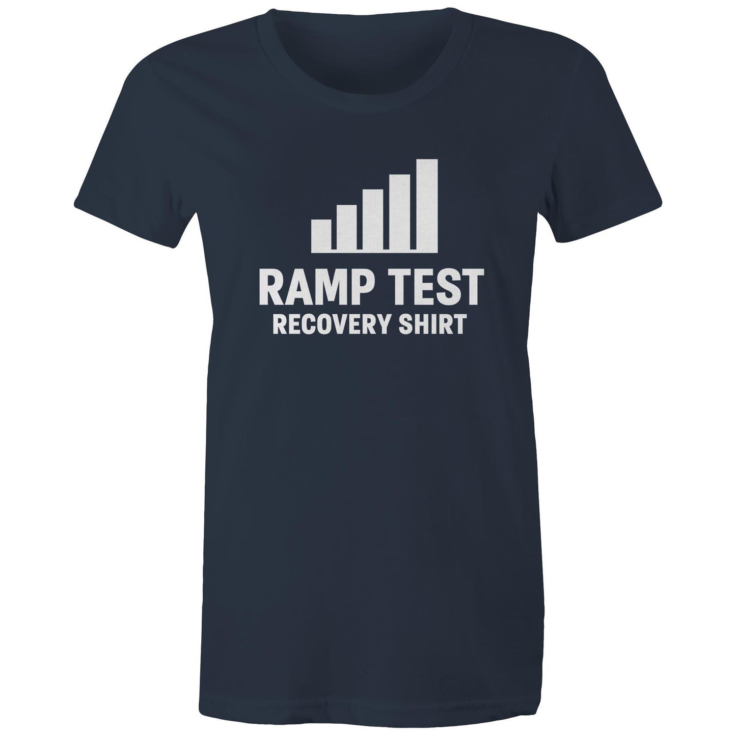 Female cyclist wearing Women’s Ramp Test Survivor navy tee at café stop