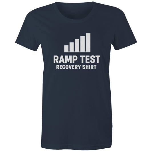 Female cyclist wearing Women’s Ramp Test Survivor navy tee at café stop
