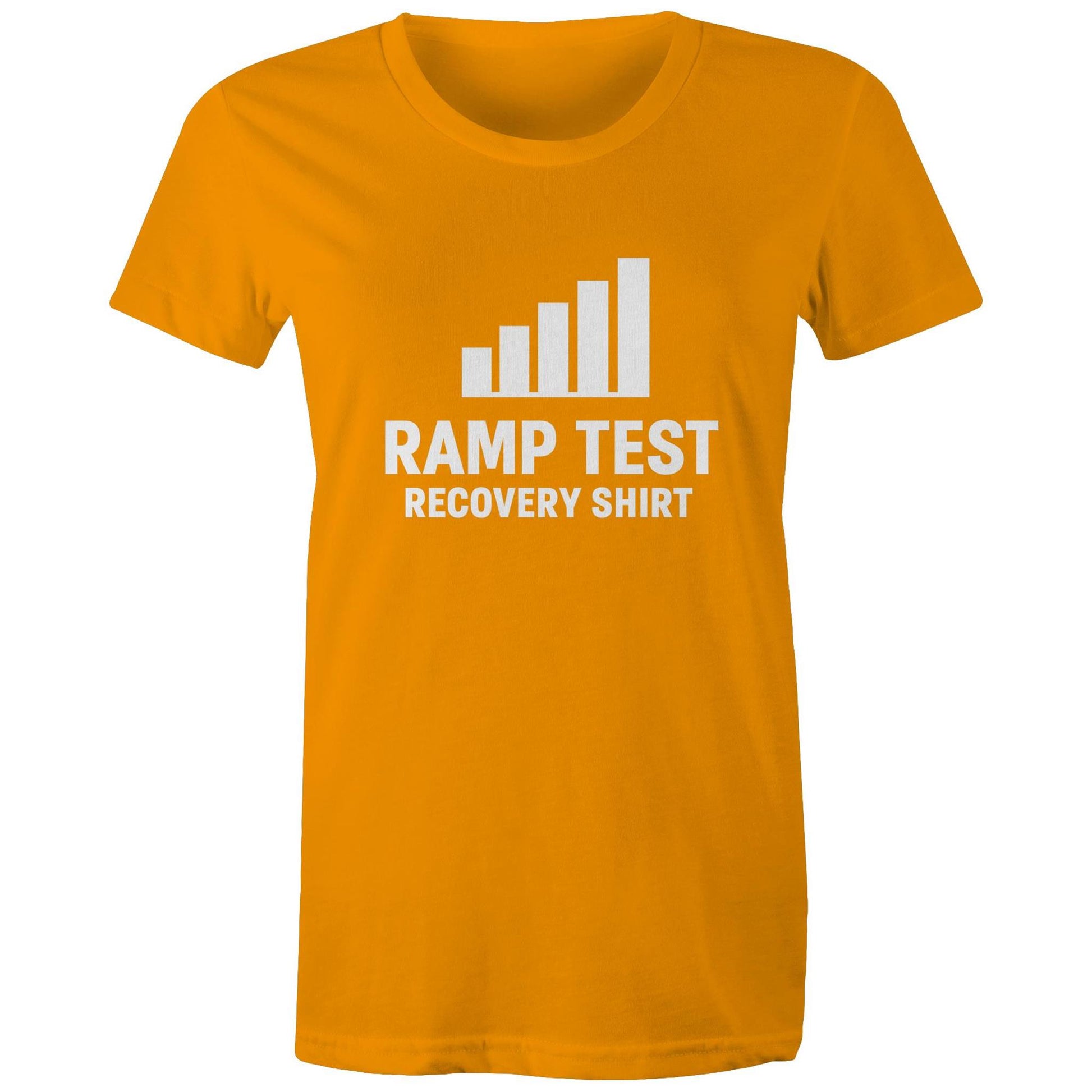 Female cyclist wearing Women’s Ramp Test Survivor orange tee at café stop
