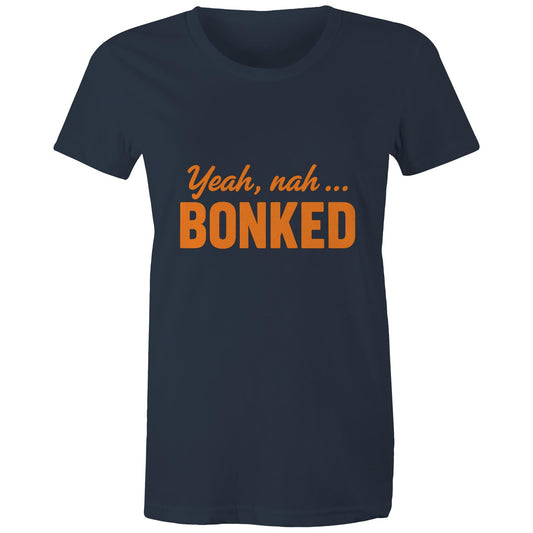Female cyclist wearing Women’s Yeah Nah, Bonked navy tee at café stop