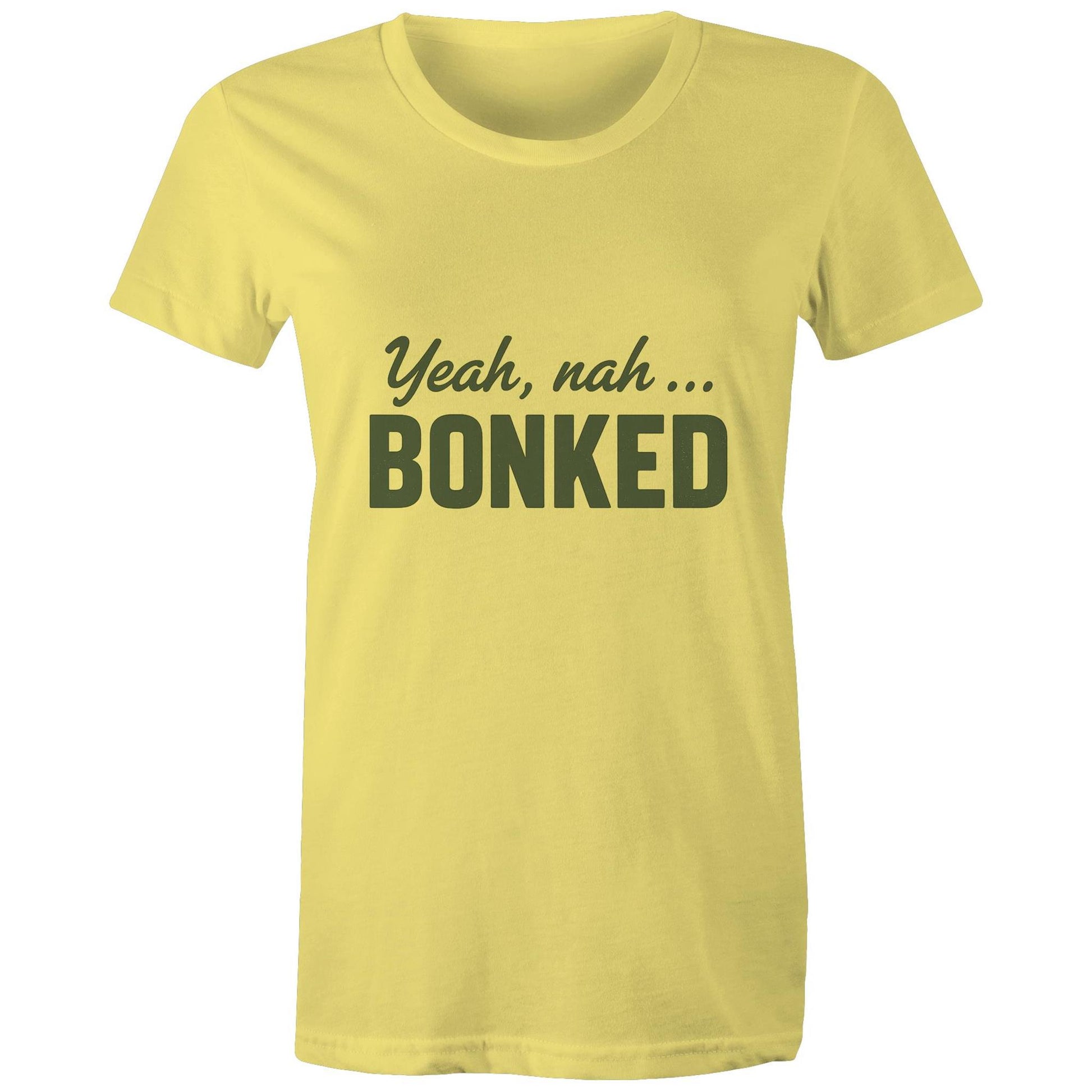Female cyclist wearing Women’s Yeah Nah, Bonked yellow tee at café stop