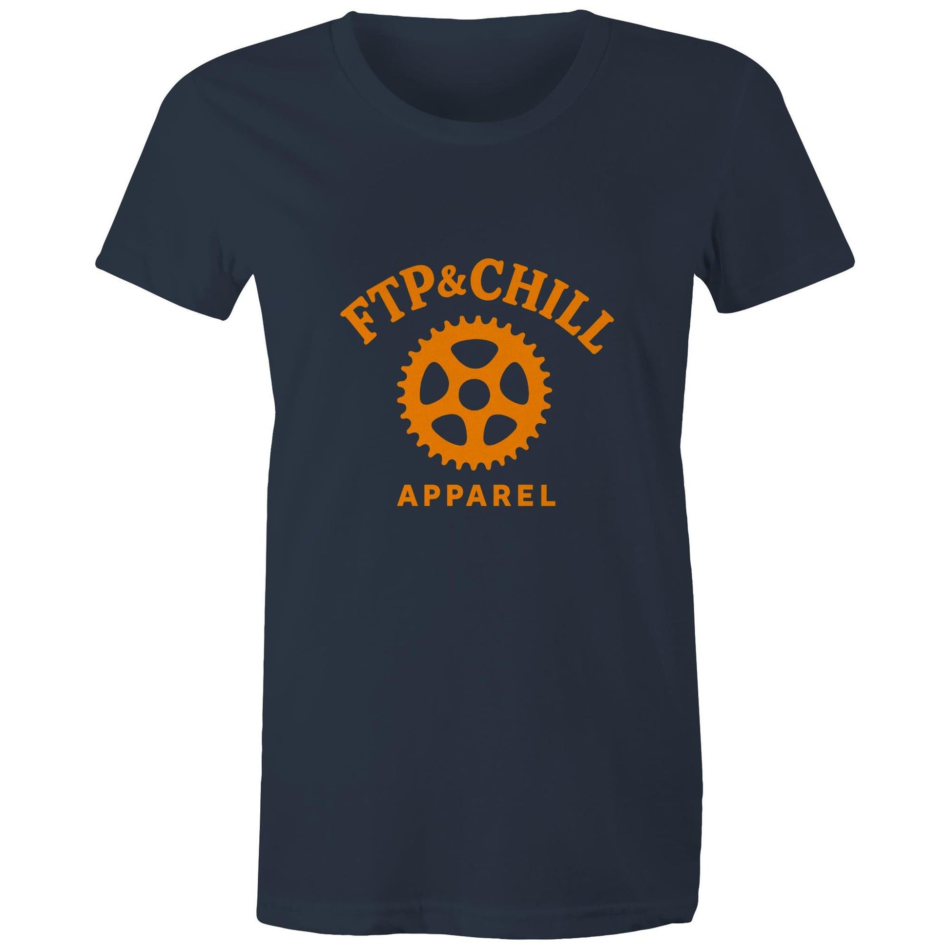 Female cyclist wearing Women’s FTP & Chill navy tee at café stop