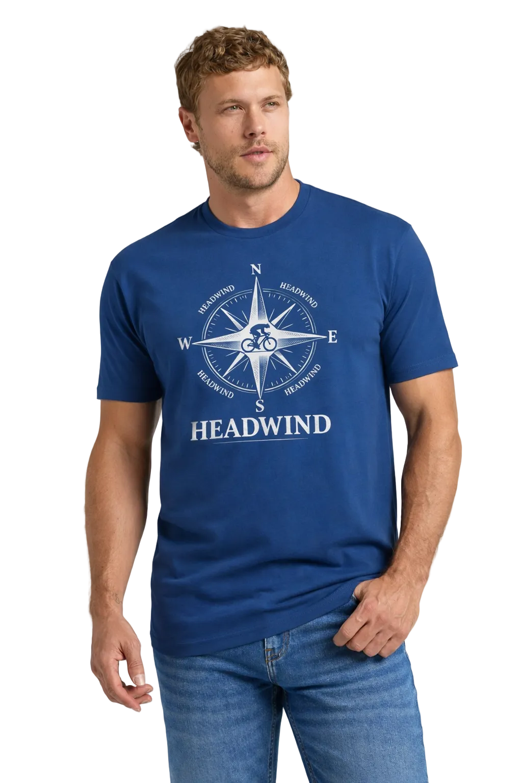 Man wearing a blue t-shirt with 'HEADWIND' design on a light gray background