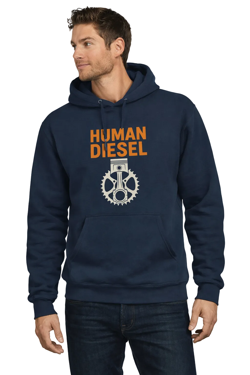 Man wearing a navy hoodie with 'Human Diesel' graphic on a white background