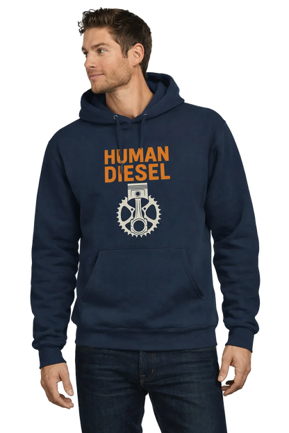Man wearing a navy hoodie with 'Human Diesel' graphic on a white background