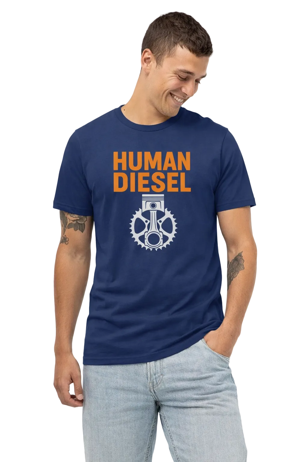 Man wearing a navy blue t-shirt with 'Human Diesel' graphic design on a white background
