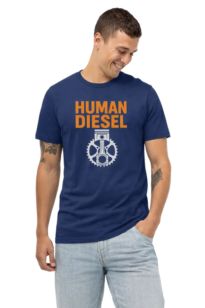 Man wearing a navy blue t-shirt with 'Human Diesel' graphic design on a white background
