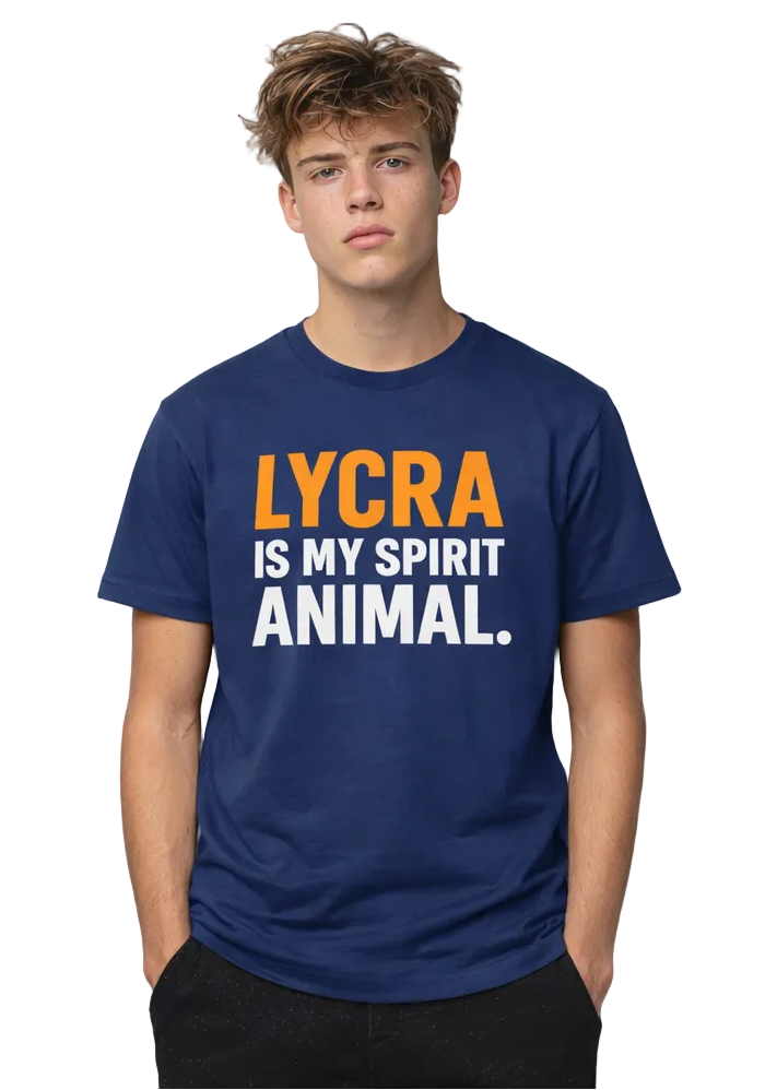 Person wearing a blue t-shirt with 'LYCRA IS MY SPIRIT ANIMAL' text on a gray background