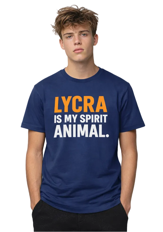 Person wearing a blue t-shirt with 'LYCRA IS MY SPIRIT ANIMAL' text on a gray background