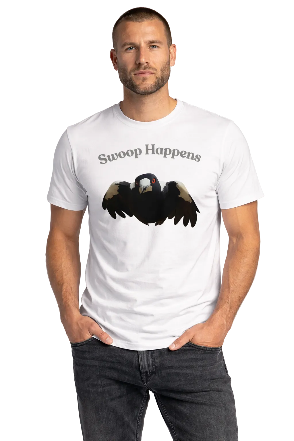 Man wearing a white t-shirt with a graphic of an magpie and 'Swoop Happens' text on a plain background