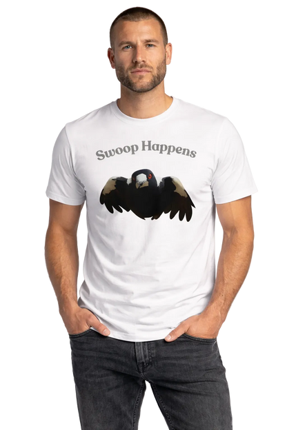Man wearing a white t-shirt with a graphic of an magpie and 'Swoop Happens' text on a plain background