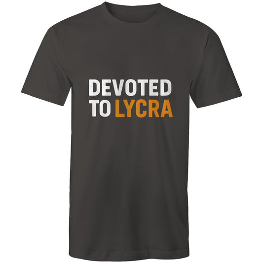Male cyclist wearing “Devoted to Lycra” black tee from FTP & Chill at café stop