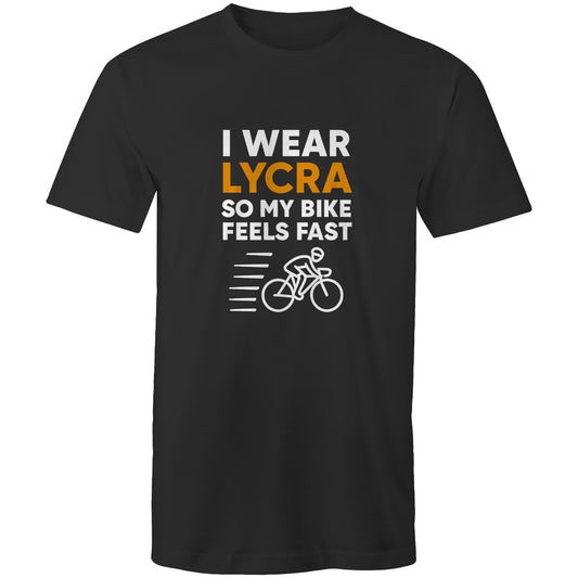 Male cyclist wearing “I Wear Lycra To Make My Bike Feel Faster” black tee at café stop