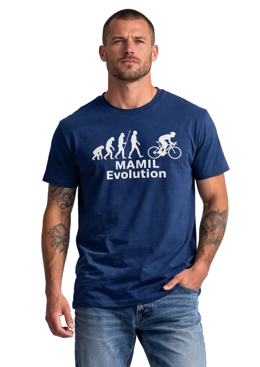 Man wearing a navy blue t-shirt with 'MAMIL Evolution' graphic on a gray background