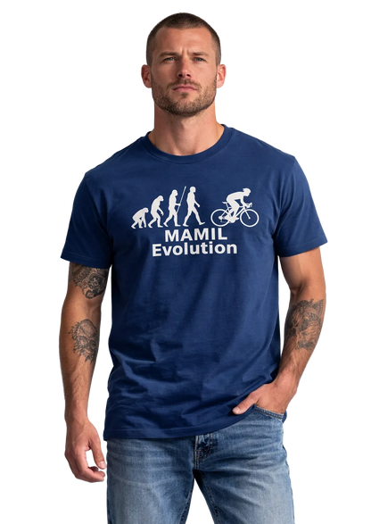 Man wearing a navy blue t-shirt with 'MAMIL Evolution' graphic on a gray background