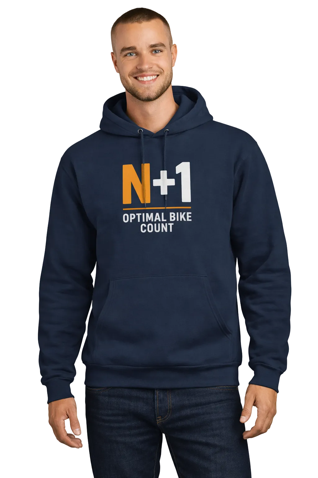 Man wearing a navy hoodie with 'N+1 Optimal Bike Count' text on a white background