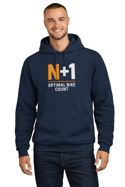 Man wearing a navy hoodie with 'N+1 Optimal Bike Count' text on a white background