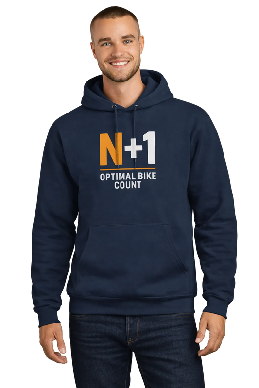 Man wearing a navy hoodie with 'N+1 Optimal Bike Count' text on a white background