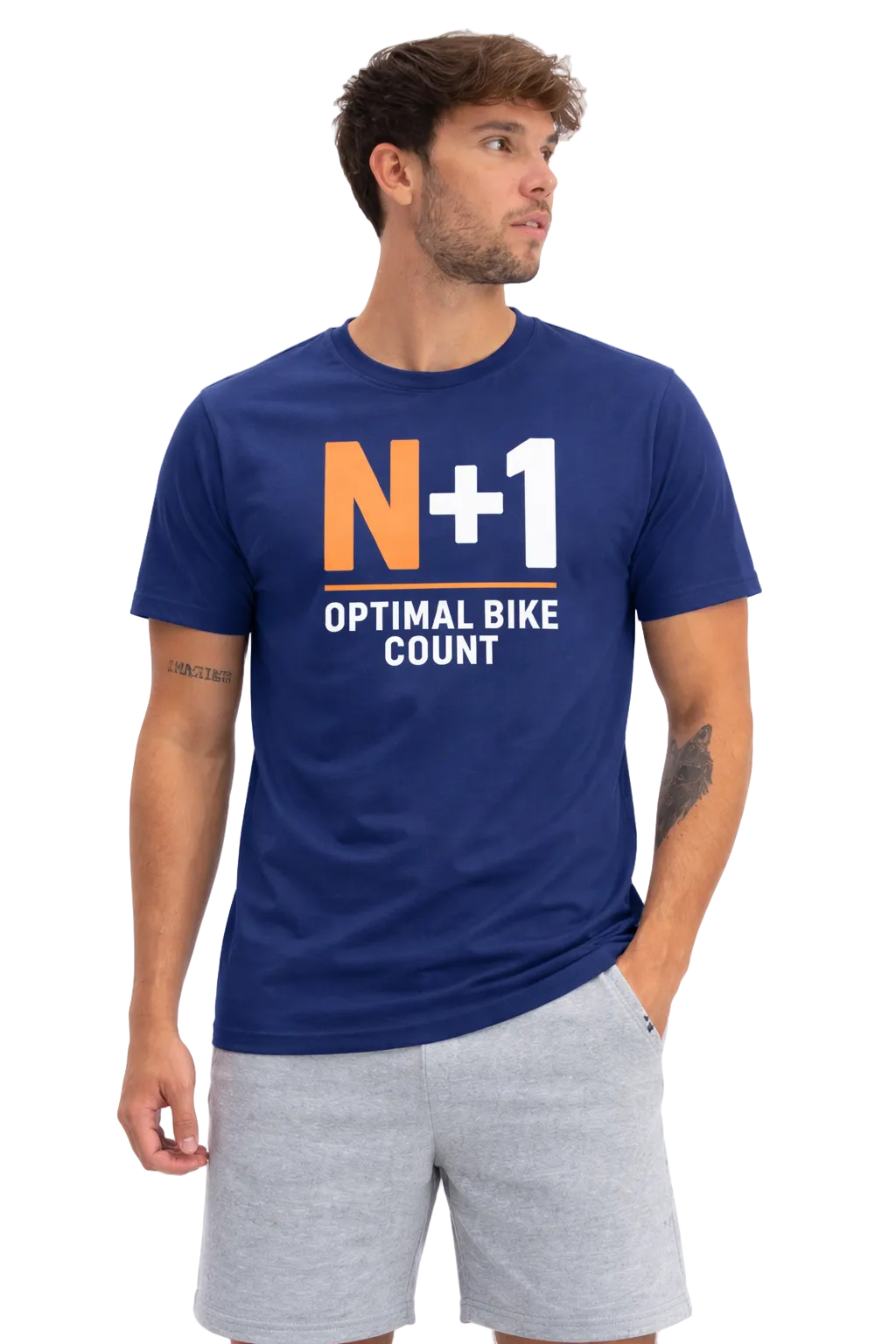 Man wearing a blue t-shirt with 'N+1 Optimal Bike Count' text, standing against a white background