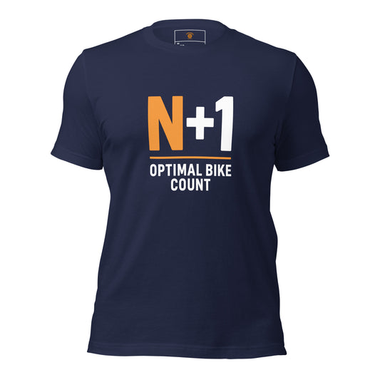 Funny N+1 cycling t-shirt in navy – optimal bike count shirt for cyclists