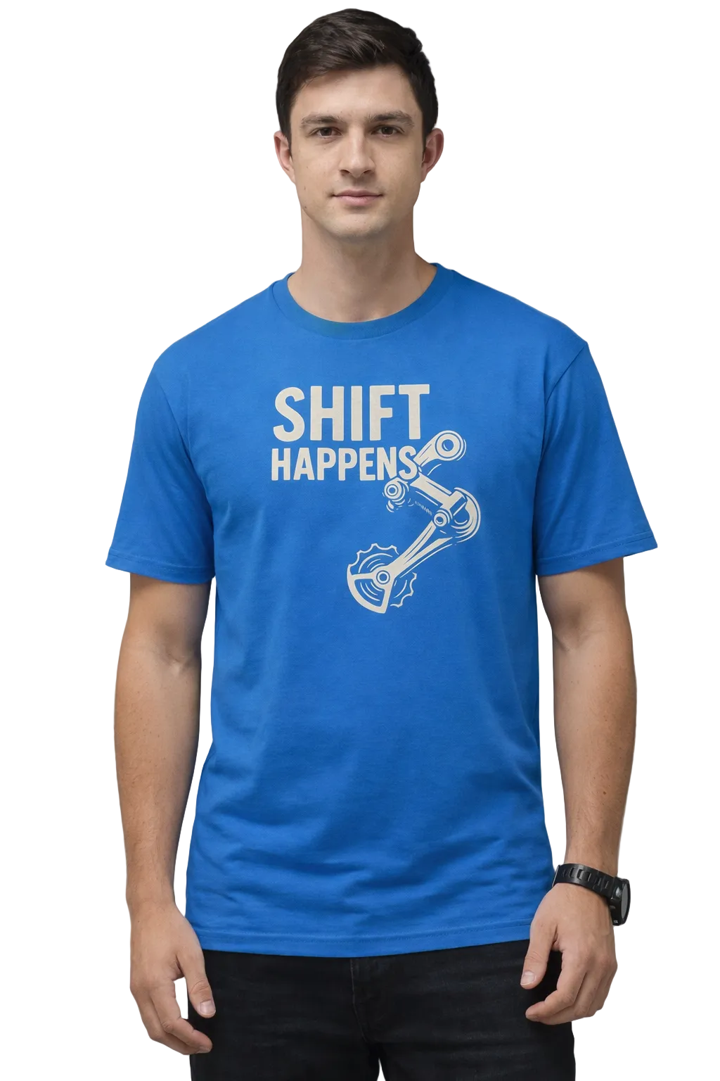 Person wearing a blue t-shirt with 'SHIFT HAPPENS' text and graphic on a gray background