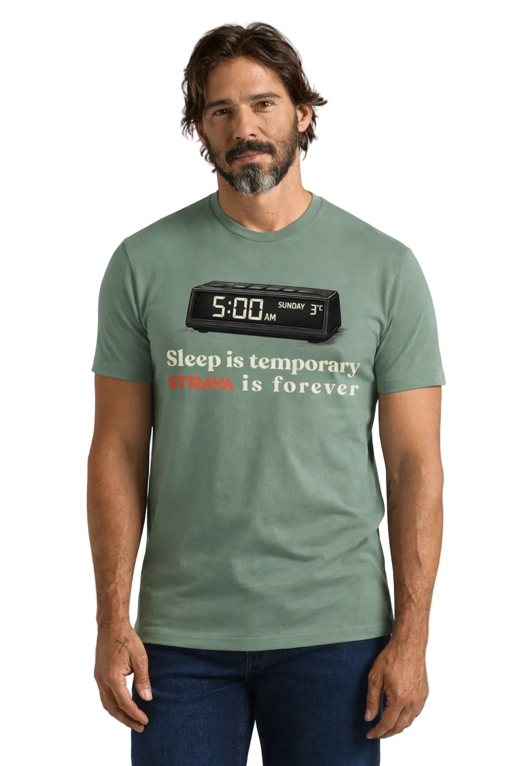 Man wearing a green t-shirt with a clock graphic and text "sleep is temporary strava is forever" on a plain background