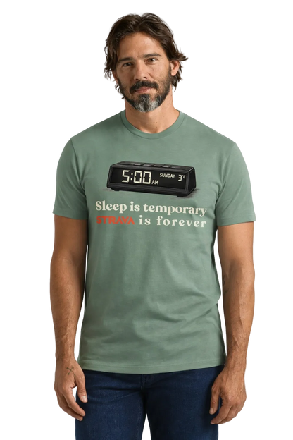 Man wearing a green t-shirt with a clock graphic and text "sleep is temporary strava is forever" on a plain background