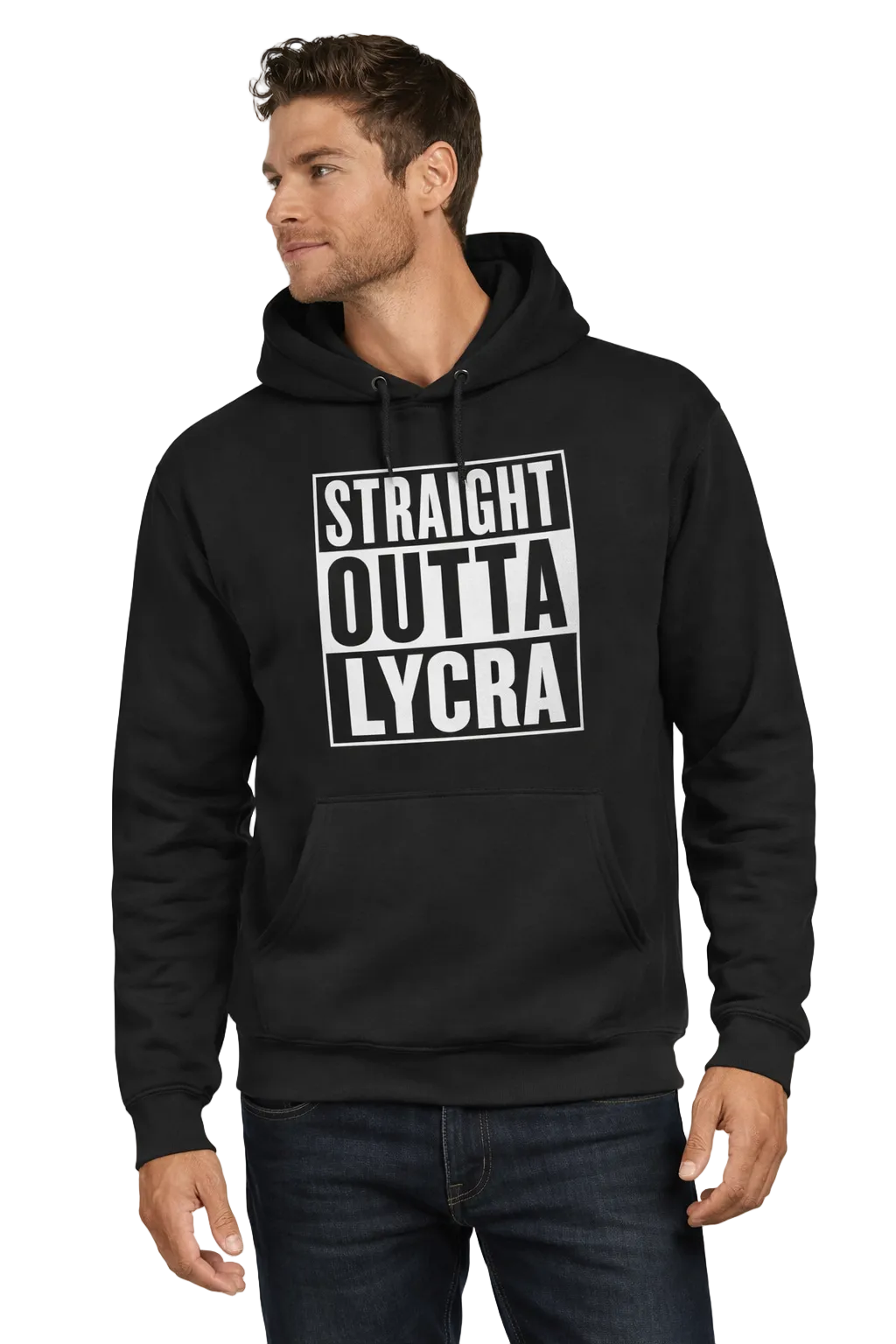 Man wearing a black hoodie with 'Straight Outta Lycra' text on a white background