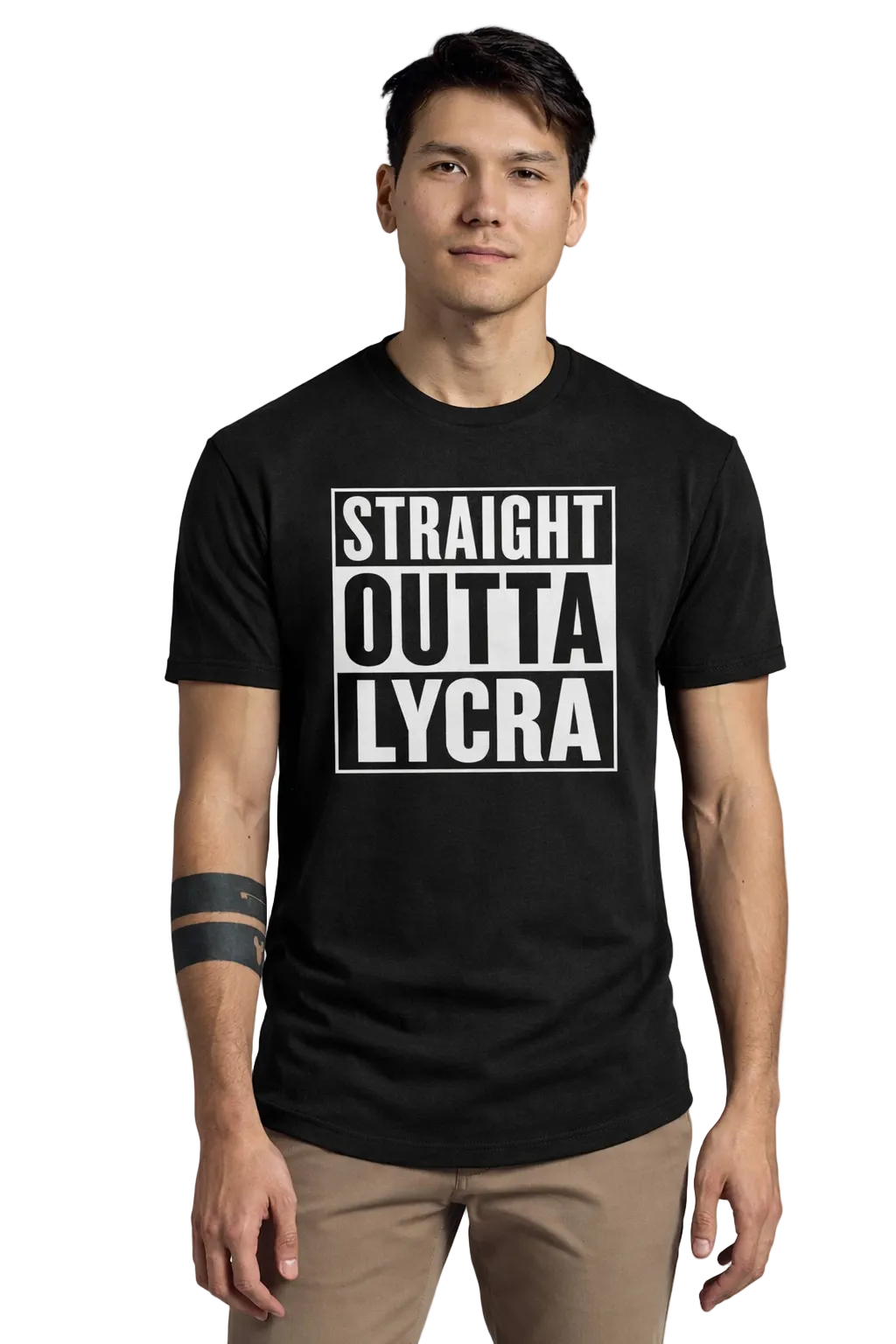 Person wearing a black t-shirt with 'STRAIGHT OUTTA LYCRA' text on a plain background