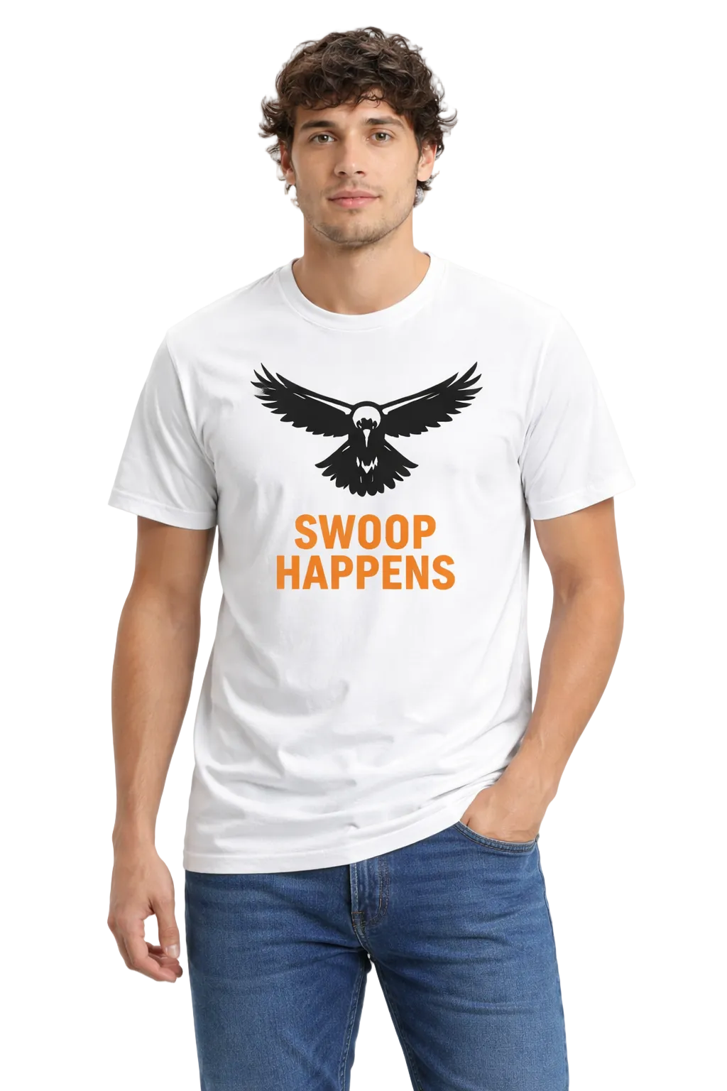 Man wearing a white t-shirt with an magpie graphic and 'Swoop Happens' text on a light gray background