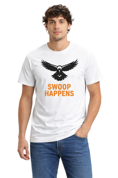 Man wearing a white t-shirt with an magpie graphic and 'Swoop Happens' text on a light gray background
